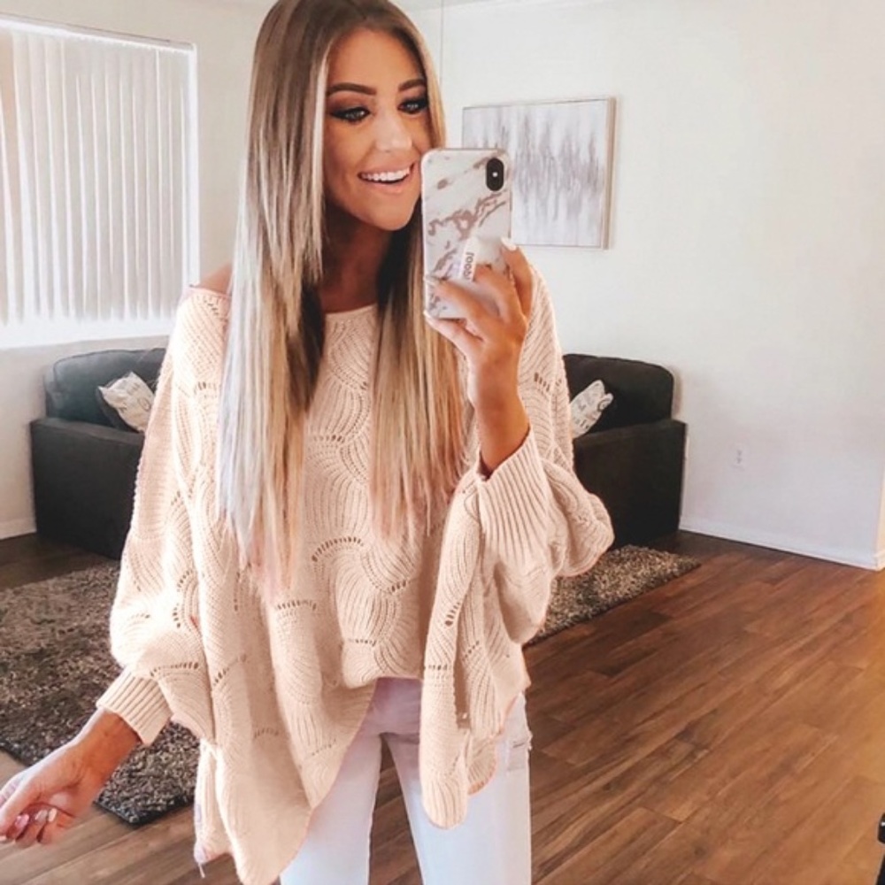 Boho Knit Sweater Scalloped Crochet - WHITE - Picture 11 of 15